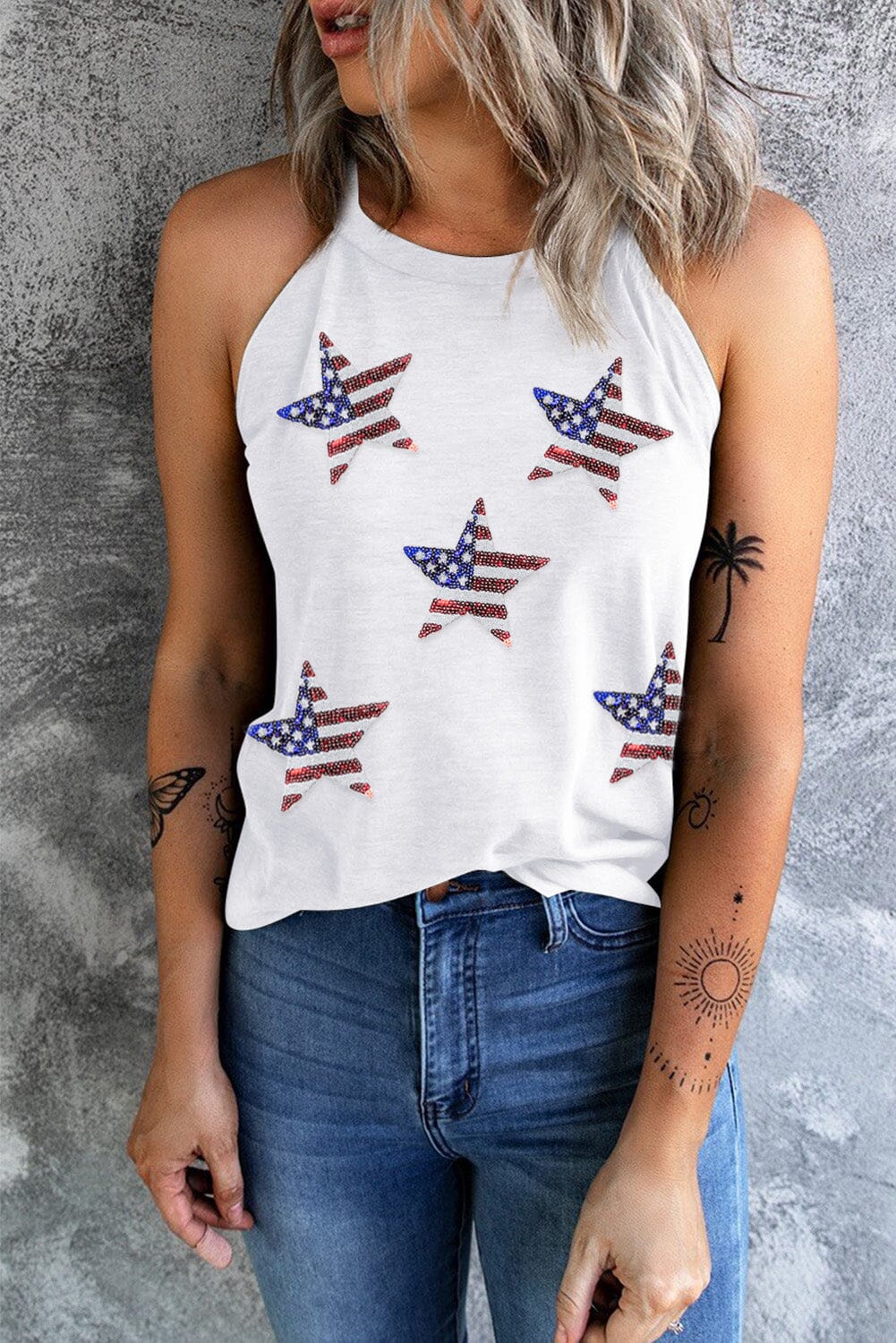 Sequin US Flag Star Grecian Neck Tank - Sydney So Sweet