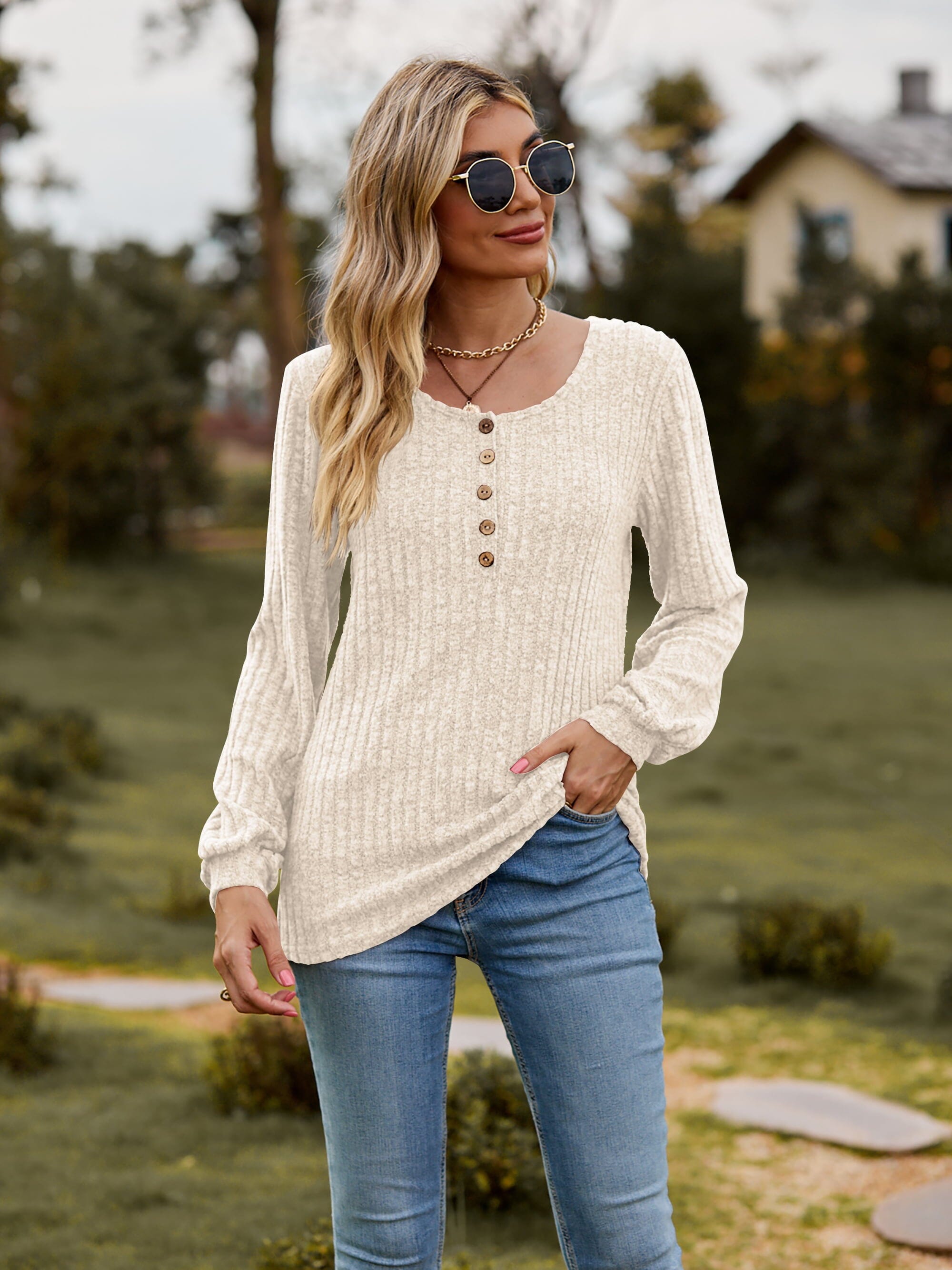 Round Neck Button-Down Long Sleeve Tee - Sydney So Sweet