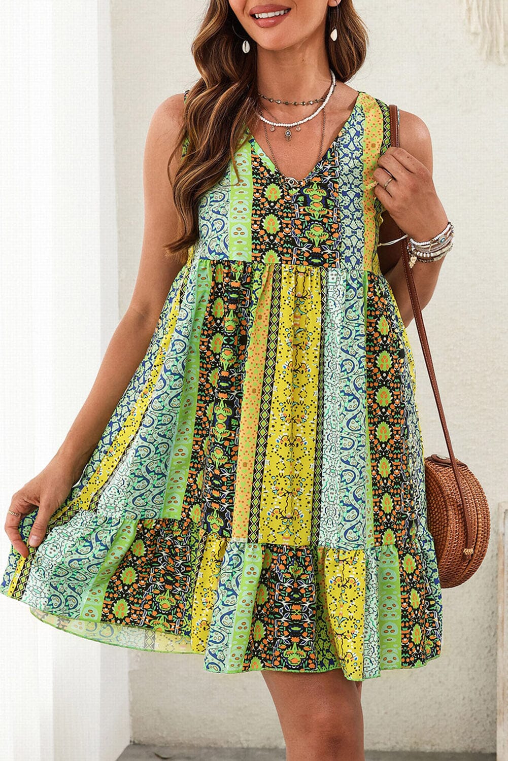 Printed V-Neck Mini Dress - Sydney So Sweet