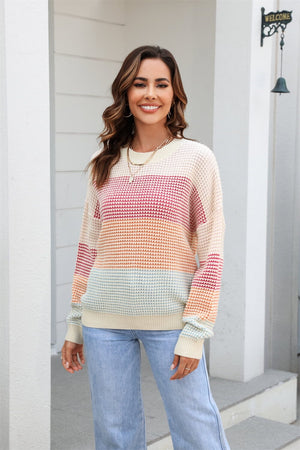 Waffle-Knit Round Neck Dropped Shoulder Color Block Sweater - Sydney So Sweet