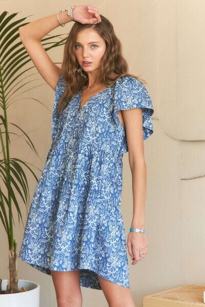 ADORA Printed V-Neck Ruffle Sleeve Mini Dress - Sydney So Sweet