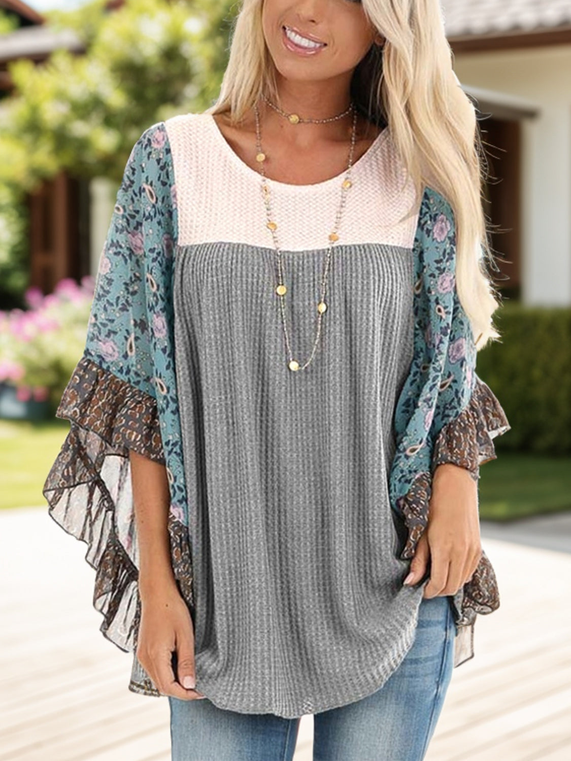 Full Size Printed Round Neck Three-Quarter Sleeve Blouse - Sydney So Sweet