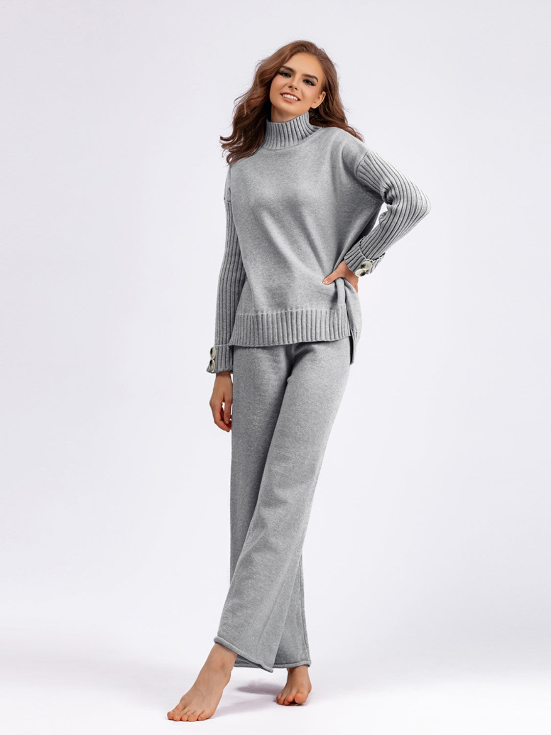 Basic Bae High- Low Turtleneck Long Sleeve Top and Pants Sweater Set - Sydney So Sweet