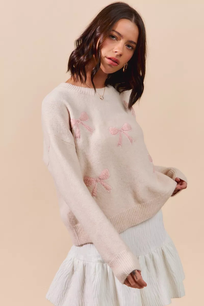 SO ME Embroidered Ribbon Round Neck Sweater - Sydney So Sweet