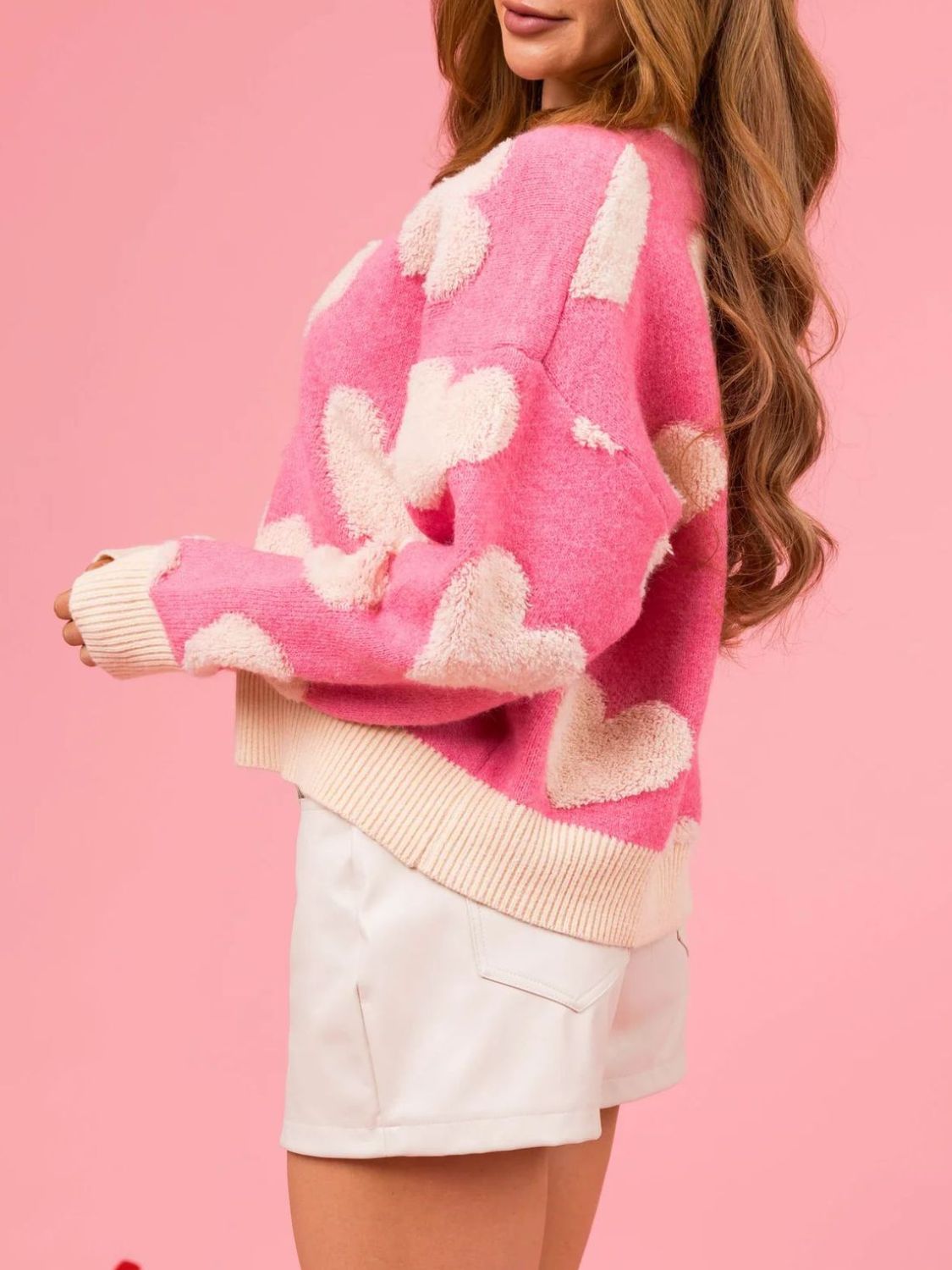 Valentine’s Day Fuzzy Heart Round Neck Long Sleeve Sweater - Sydney So Sweet