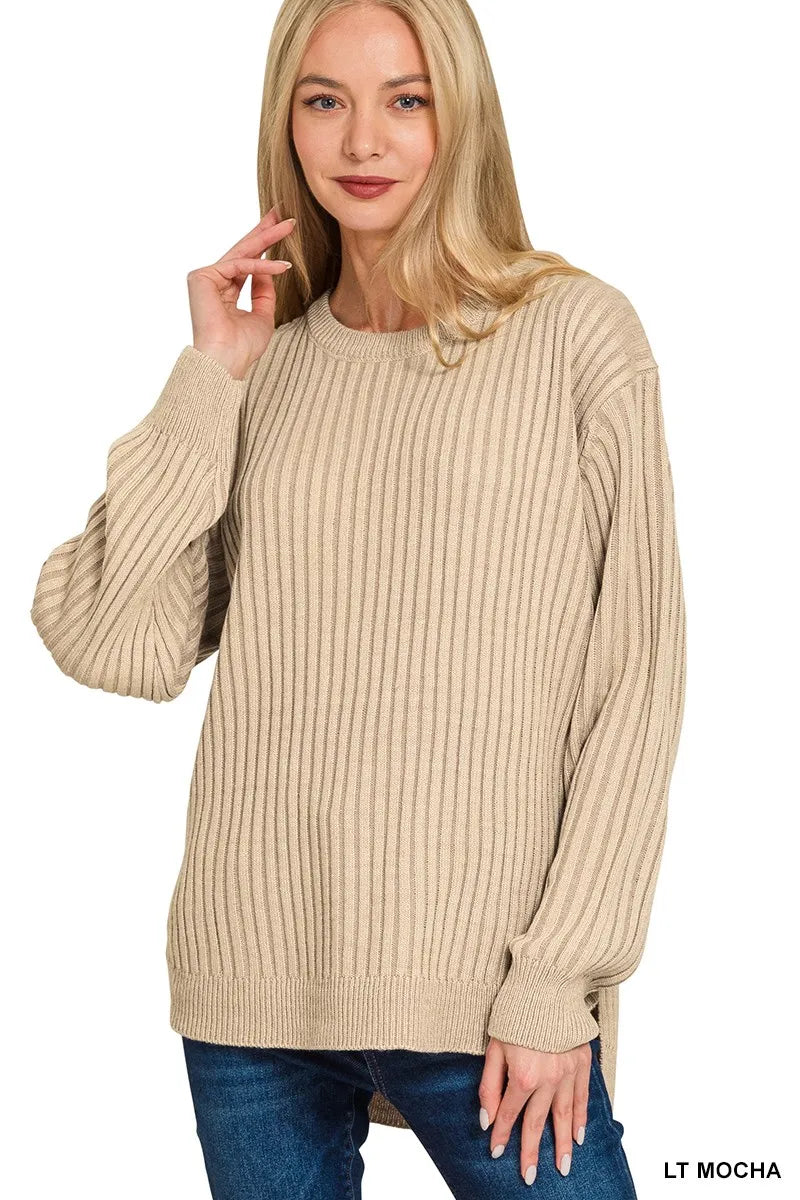 Zenana Curved Hem Two-Tone Ribbed Sweater - Sydney So Sweet
