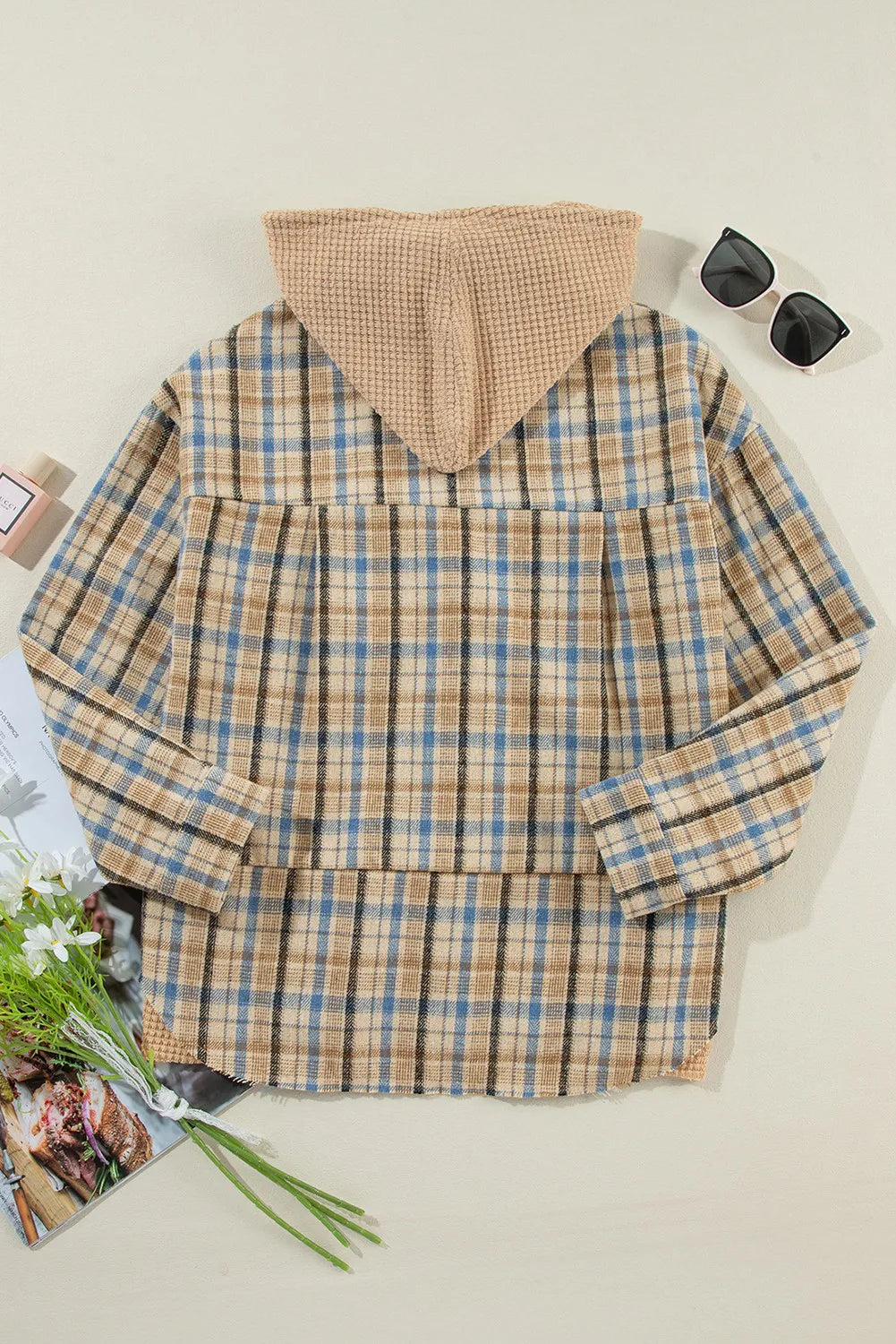 Drawstring Plaid Button Up Hooded Shacket - Sydney So Sweet