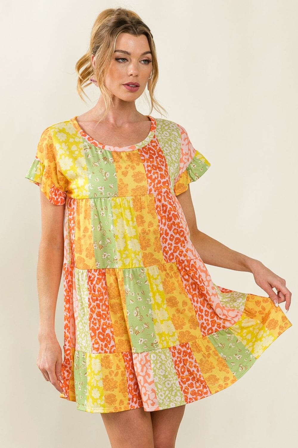 BiBi Leopard Short Sleeve Tiered Dress Orange/Lime / S BiBi Leopard Short Sleeve Tiered Dress Orange/Lime / S