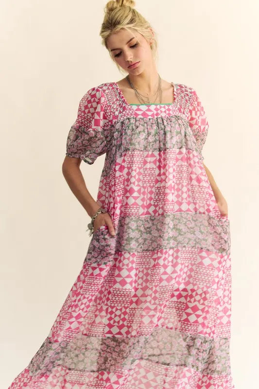 Davi & Dani Multi Floral Square Neck Puff Sleeve Maxi Dress - Sydney So Sweet