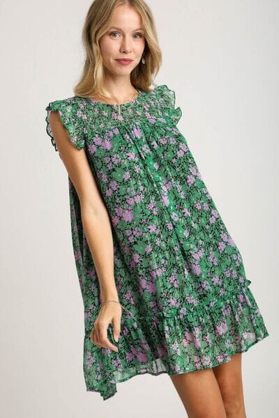 Umgee Full Size Smocked Detail Floral Metallic Ruffle Cap Sleeve Dress Plus Size - Sydney So Sweet