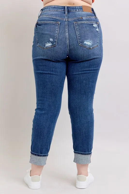 Judy Blue Full Size Mid Rise Boyfriend destroy Jeans with Yoke Pockets and Faux Selvedge Cuff Plus Size - Sydney So Sweet