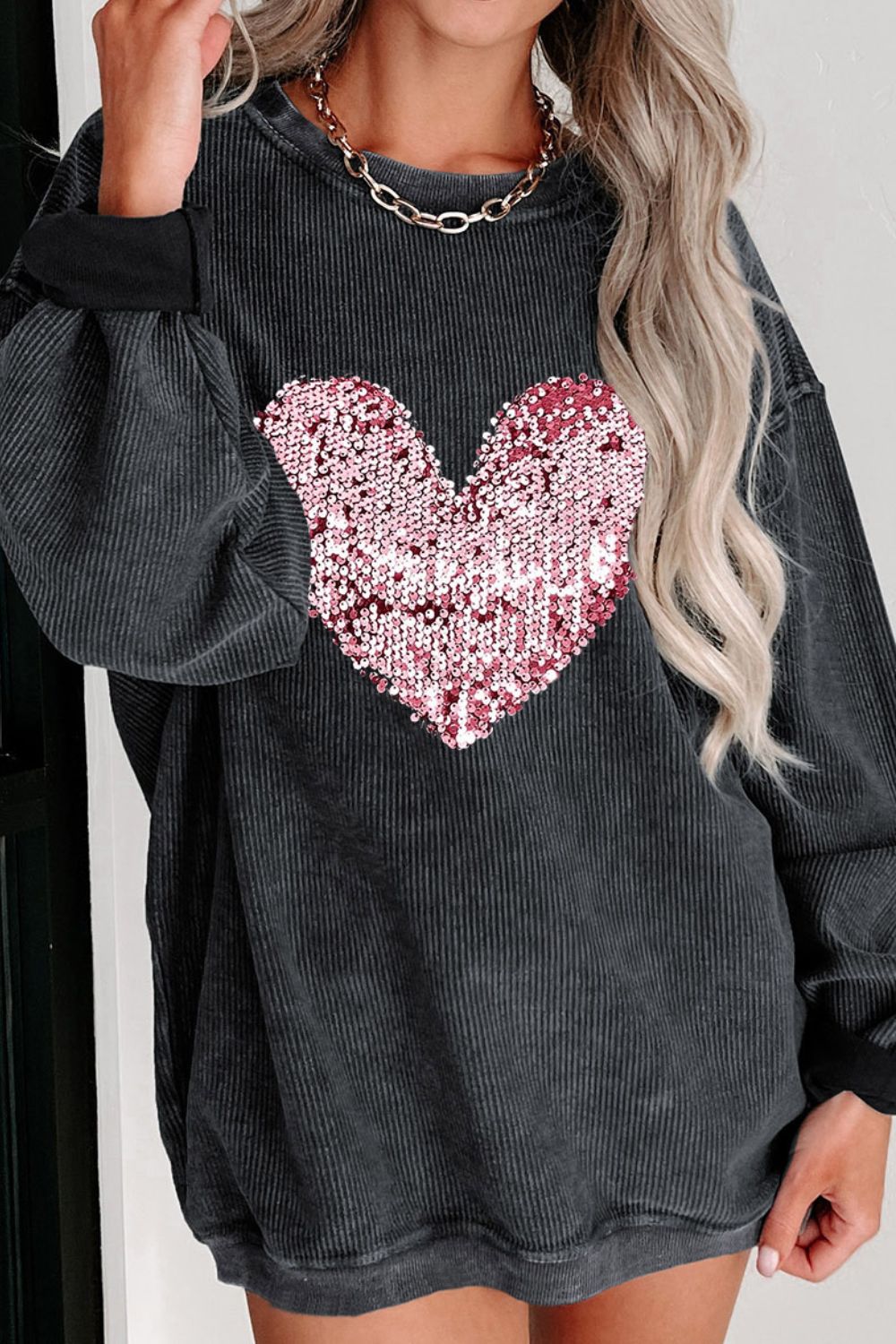 Valentine’s Day Sequin Heart Round Neck Long Sleeve Sweatshirt - Sydney So Sweet