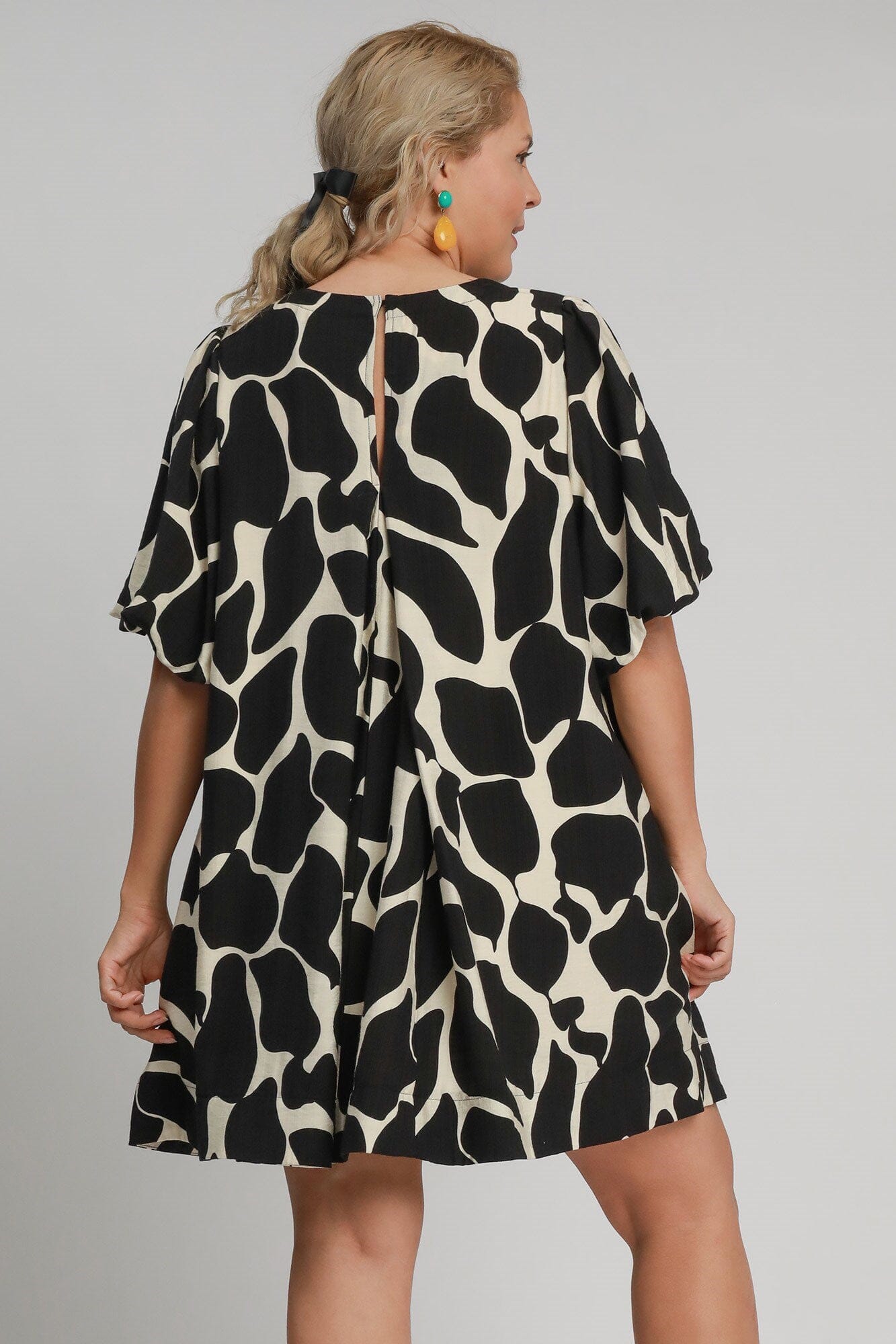 Umgee Full Size Two Tone Abstract Print Puff Sleeve Dress Plus Size - Sydney So Sweet