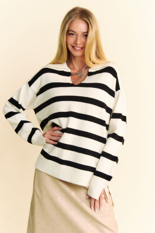 Davi &amp; Dani High-Low Side Slit Striped Johnny Collar Sweater - Sydney So Sweet