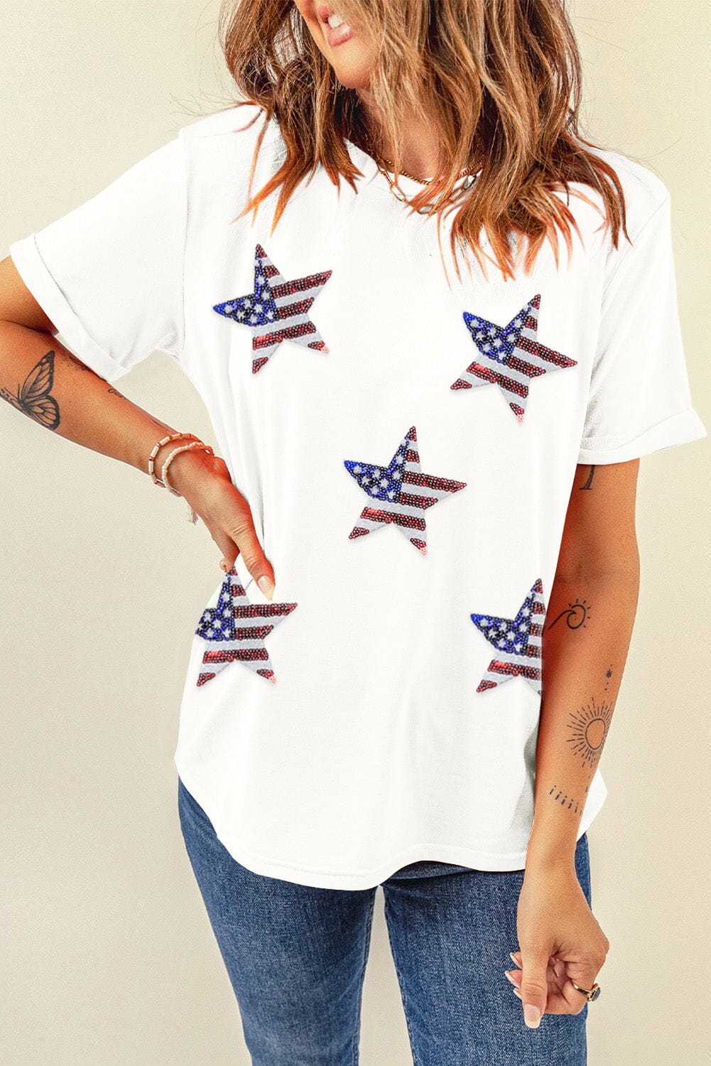 Sequin Star Round Neck Short Women&#39;s Sleeve T-Shirt - Sydney So Sweet