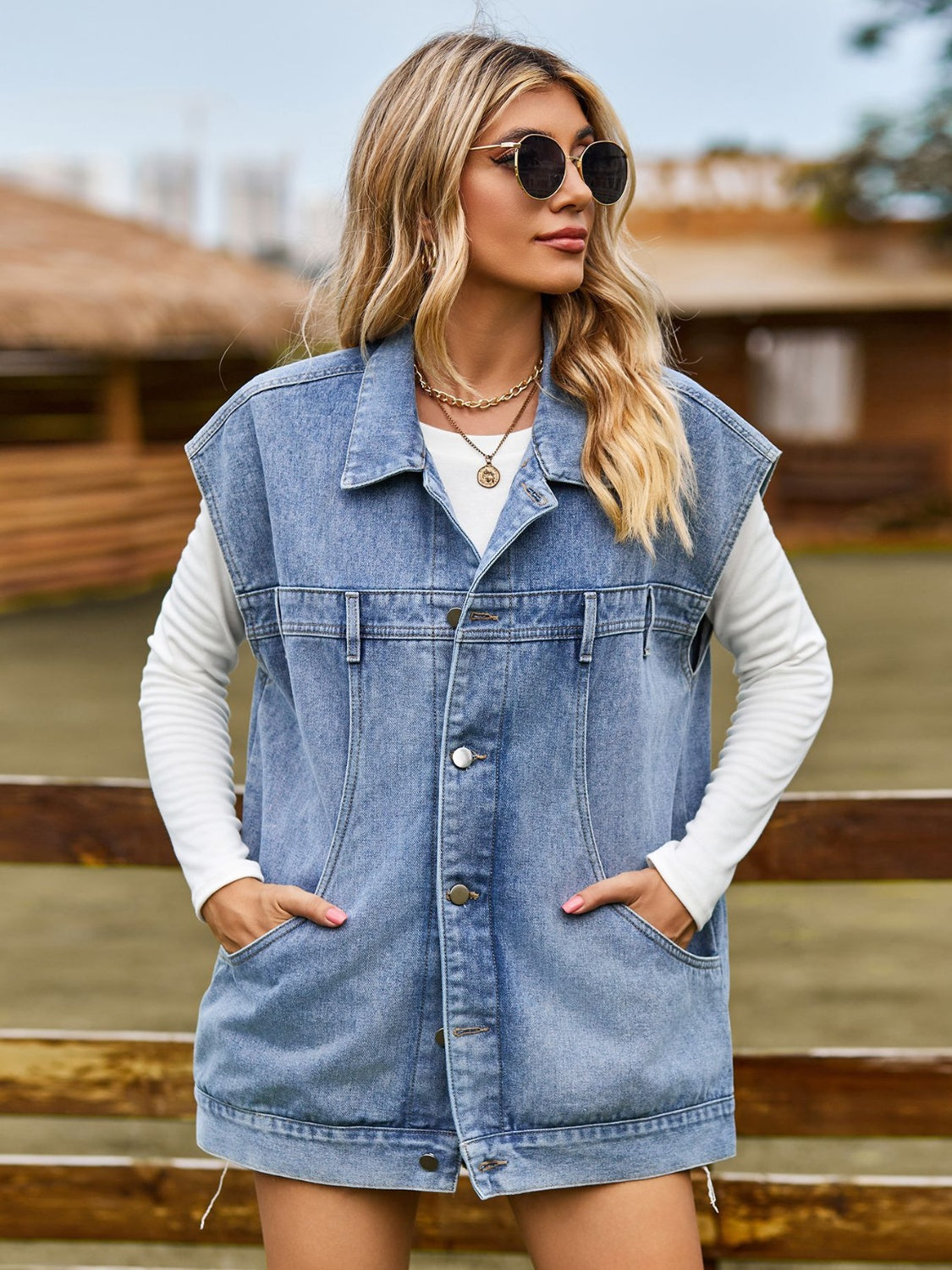 Button Up Collared Neck Sleeveless Denim Jacket - Sydney So Sweet