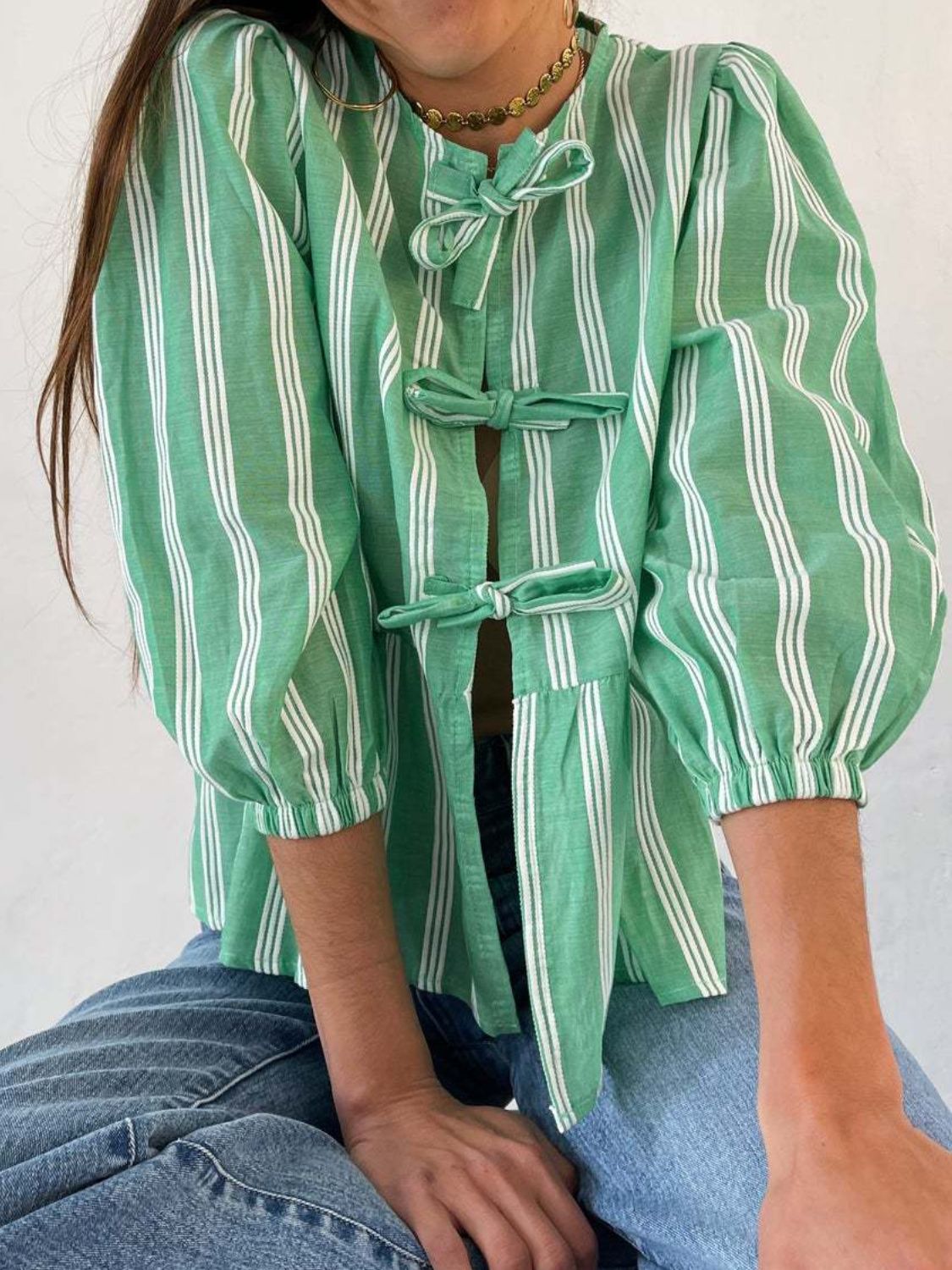 Tied Round Neck Balloon Sleeve Shirt - Sydney So Sweet