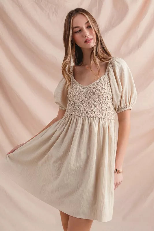 SO ME Textured Woven Daily Dress with Puff Sleeves - Sydney So Sweet