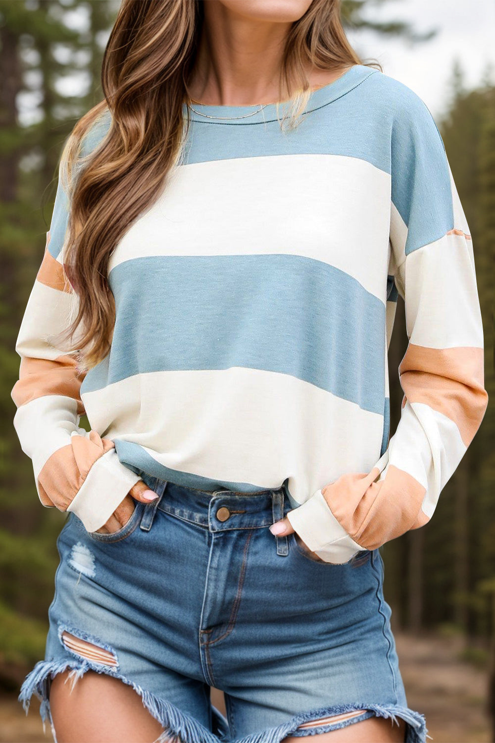 Contrast Color Block Round Neck Long Sleeve Top - Sydney So Sweet