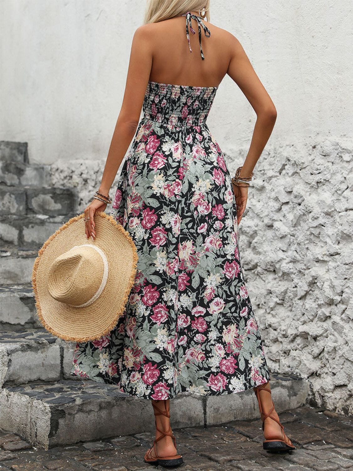 Smocked Printed Halter Neck Midi Dress - Sydney So Sweet