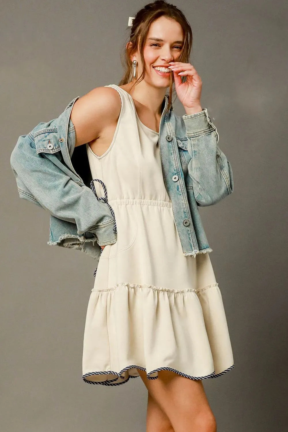 Umgee Frill Drawstring Waist Round Neck Mini Tank Dress - Sydney So Sweet