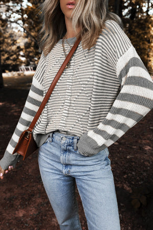 Striped Round Neck Long Sleeve Sweater - Sydney So Sweet