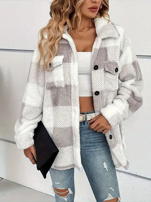 Plaid Dropped Shoulder Long Sleeve Plush Coat - Sydney So Sweet