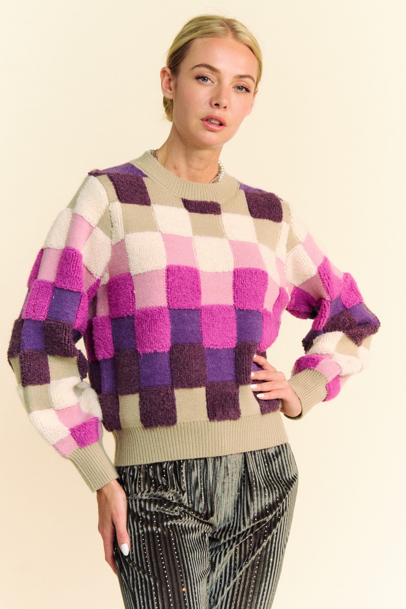 Davi & Dani Checkered Round Neck Long Sleeve Sweater - Sydney So Sweet