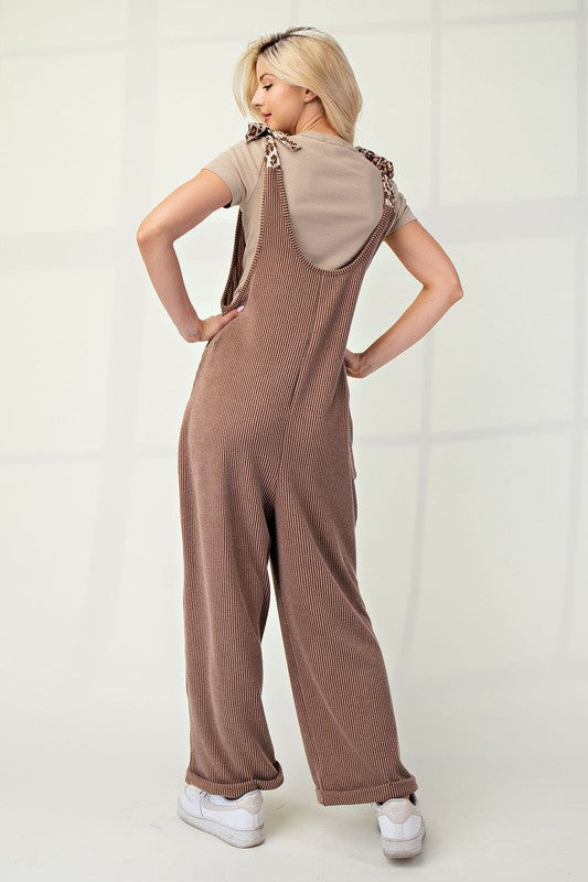 Celeste Full Size Ribbed Leopard Tied Shoulder Overalls - Sydney So Sweet