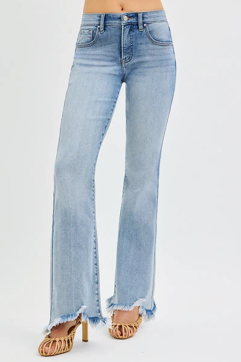 RISEN Full Size Tummy Control Mid Rise Flare Jeans with Fray Hem Detailed Plus Size - Sydney So Sweet