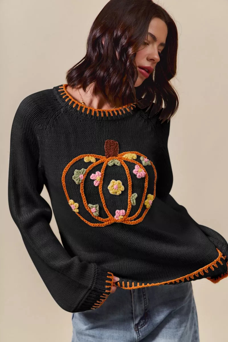 SO ME Pumpkin Floral Embroidered Thanksgiving Sweater - Sydney So Sweet