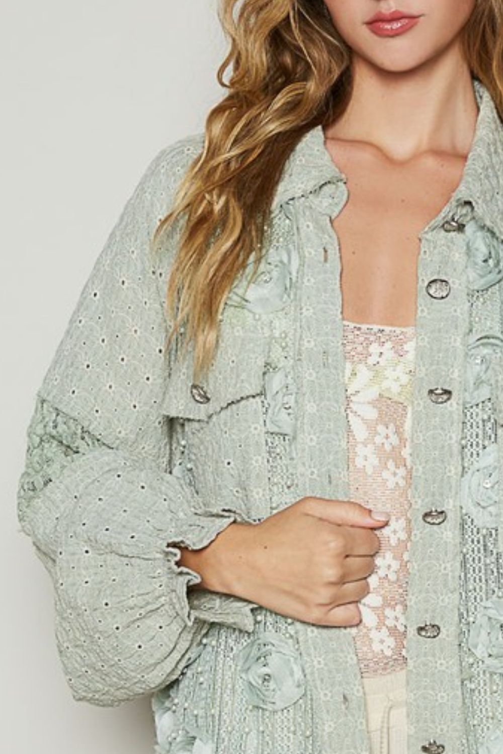 POL Eyelet Flower Pearl Detail Lace Patchwork Shirt - Sydney So Sweet