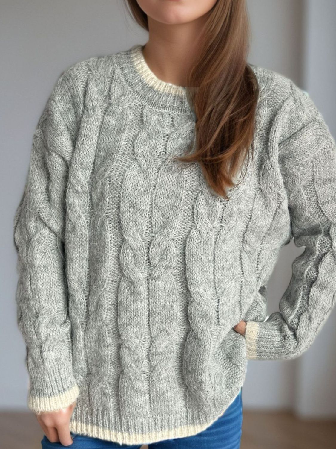 Cable Knit Round Neck Long Sleeve Sweater - Sydney So Sweet