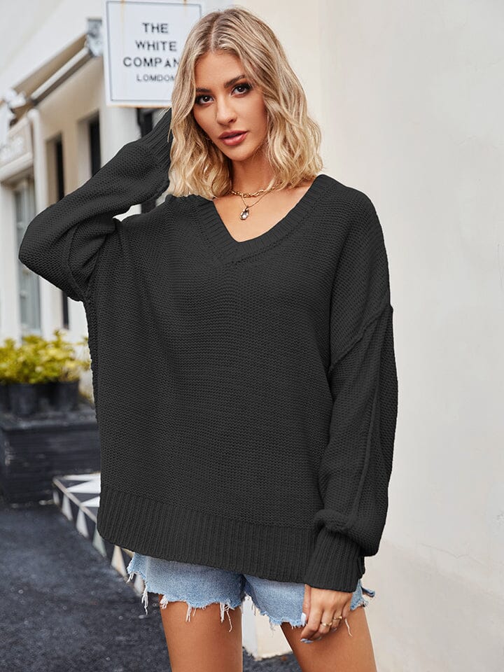 V-Neck Ribbed Dropped Shoulder Knit Top - Sydney So Sweet