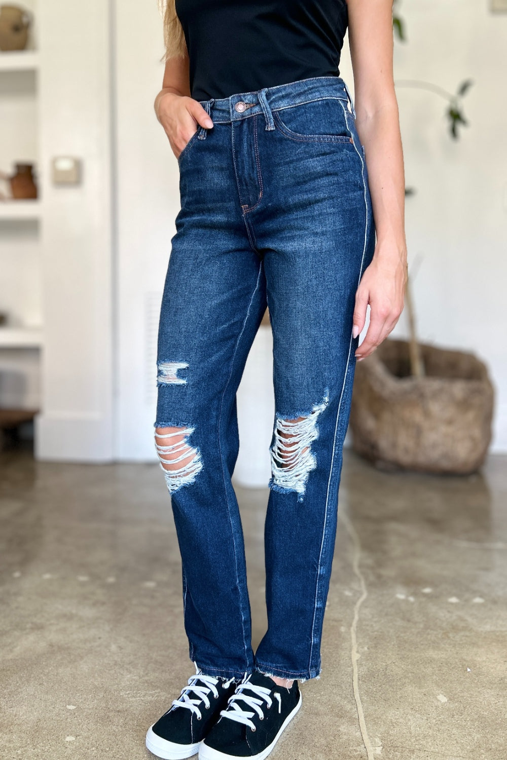 Judy Blue Full Size High Waist Rigid Magic Heavy Destroy Straight Jeans - Sydney So Sweet