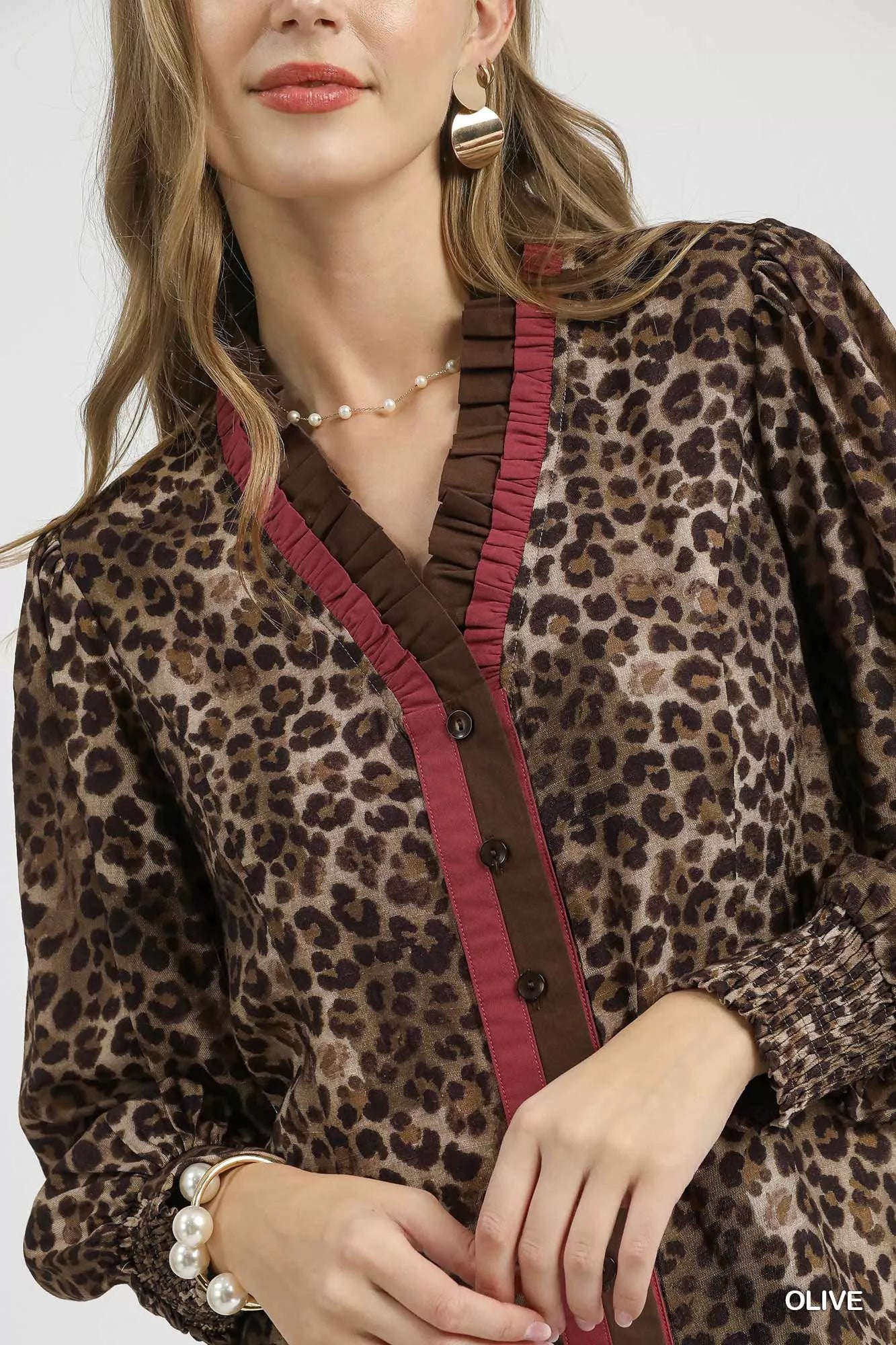 Umgee Ruffle Trim Leopard Print Shirt - Sydney So Sweet