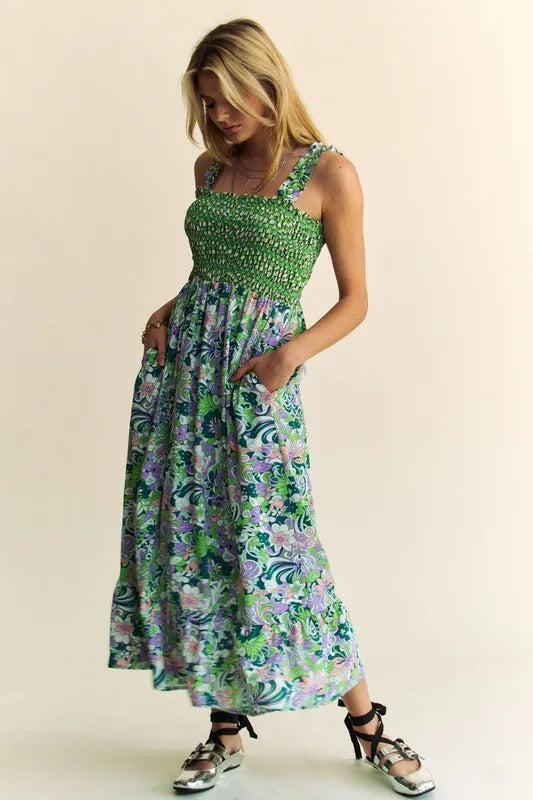 Davi & Dani Multi Smocked Bodice Geo Ruffle Strappy Midi Dress - Sydney So Sweet