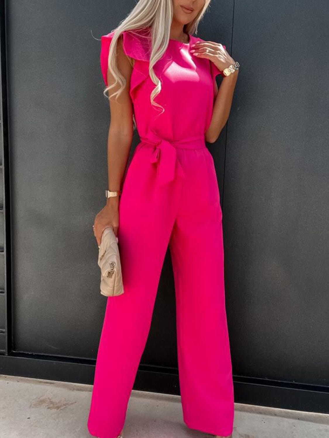 Ruffled Round Neck Cap Sleeve Jumpsuit - Sydney So Sweet