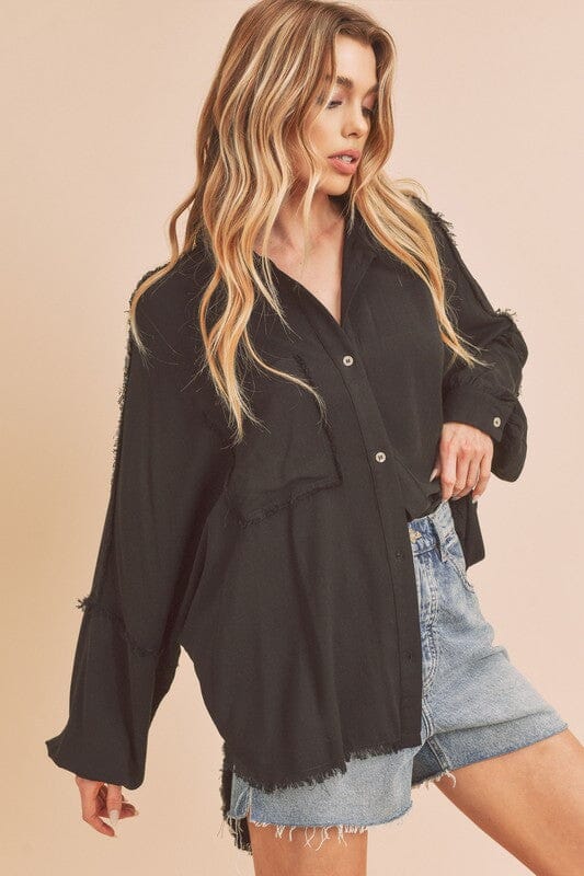 Aemi + Co Raw Edge Exposed Seam Collared Neck Long Sleeve Shirt - Sydney So Sweet