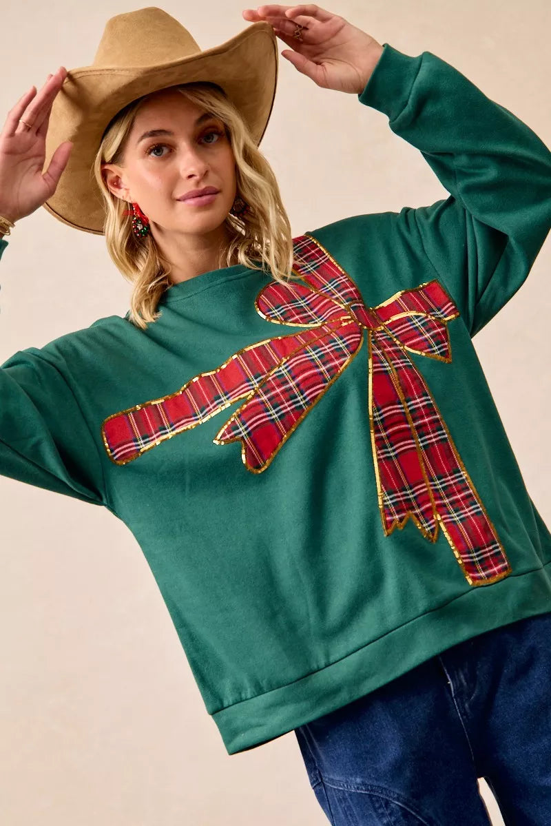 BiBi Plaid Ribbon Bow Detail Christmas Fleece Pullover - Sydney So Sweet