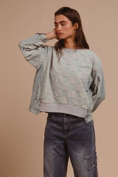 BiBi Mineral Washed Checkered Round Neck Denim Top - Sydney So Sweet