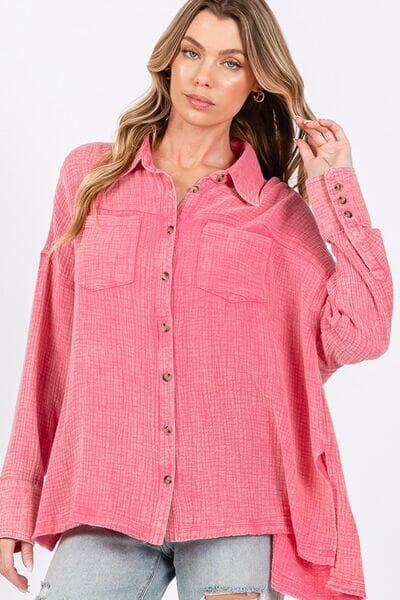 SAGE + FIG Frayed Hem Side Slit Button Down Shirt - Sydney So Sweet