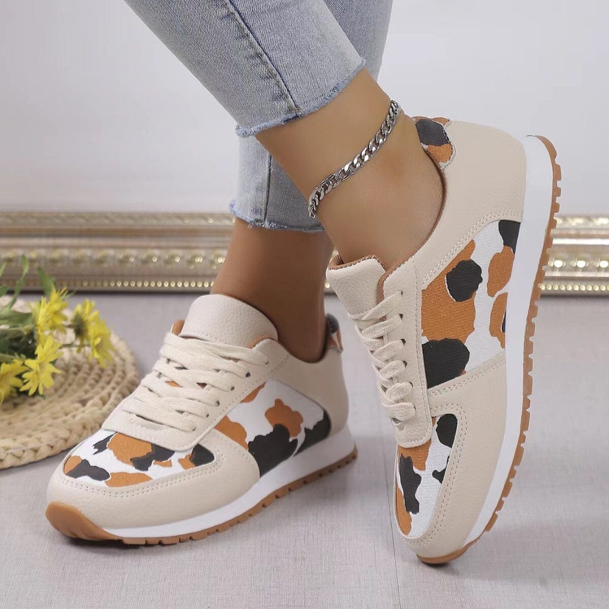 Tied Printed PU Leather Athletic Sneakers - Sydney So Sweet