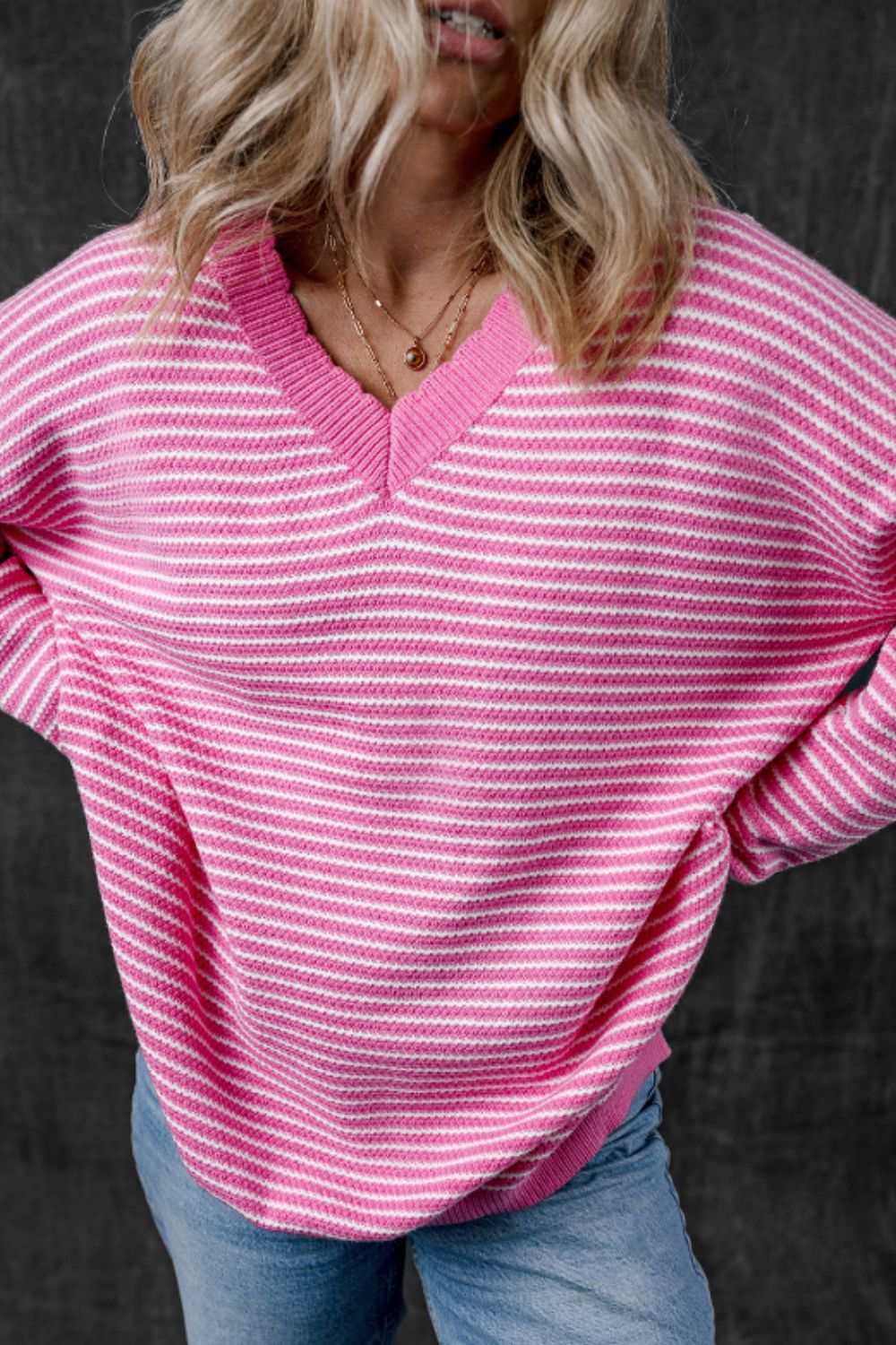 Striped V-Neck Dropped Shoulder Sweater - Sydney So Sweet