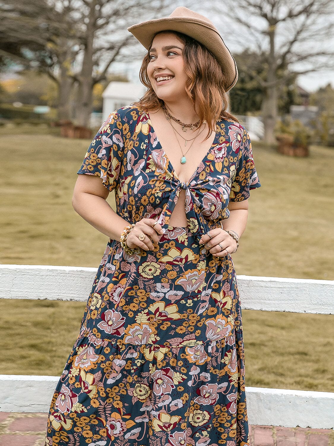 Plus Size Tied Printed Short Sleeve Midi Dress - Sydney So Sweet