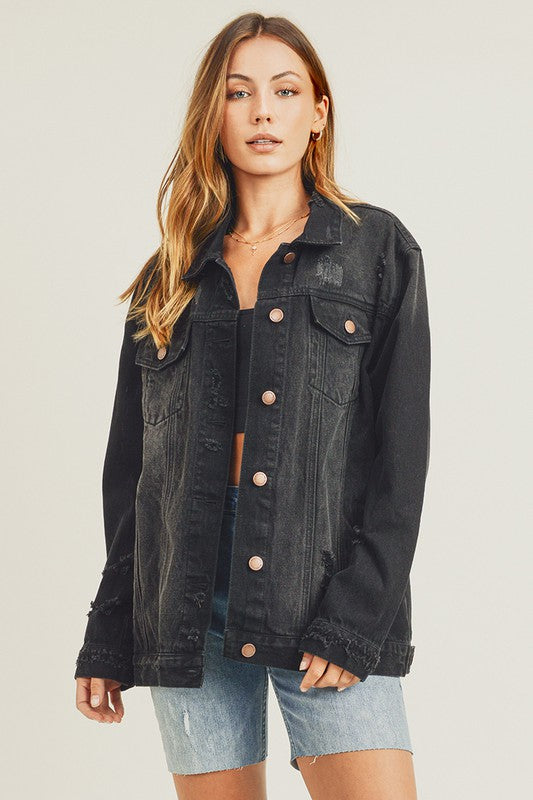 RISEN Full Size Distressed Long Sleeve Denim Jacket - Sydney So Sweet