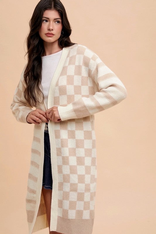 Annie Wear Checkered &amp; Striped Open Front Long Sleeve Cardigan - Sydney So Sweet