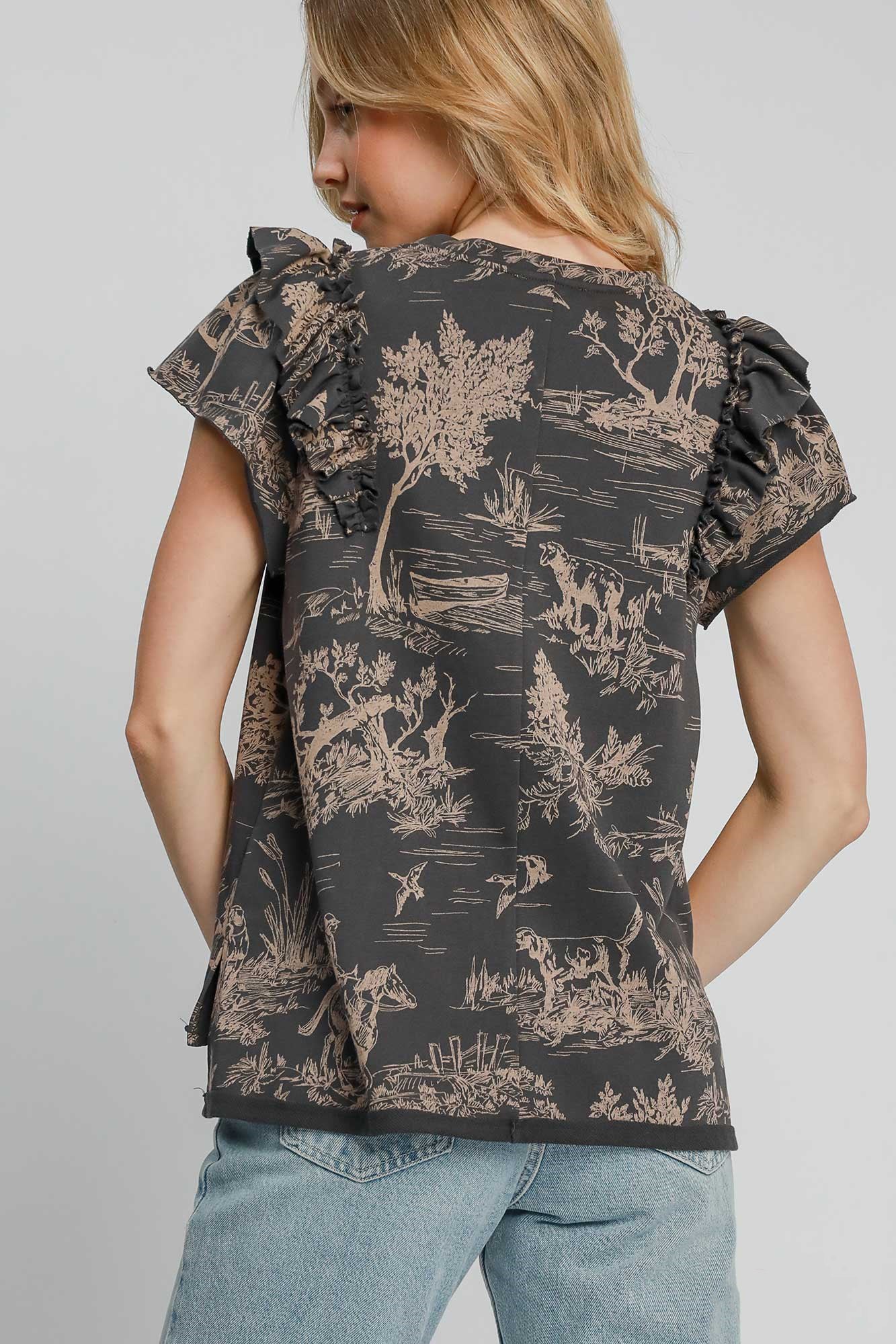 Umgee Ruffled Landscape Print Short Sleeve French Terry Top - Sydney So Sweet