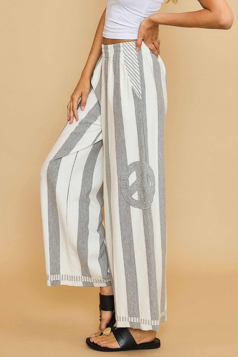 Umgee Peace Sign Patch Striped Wide Leg Pants - Sydney So Sweet