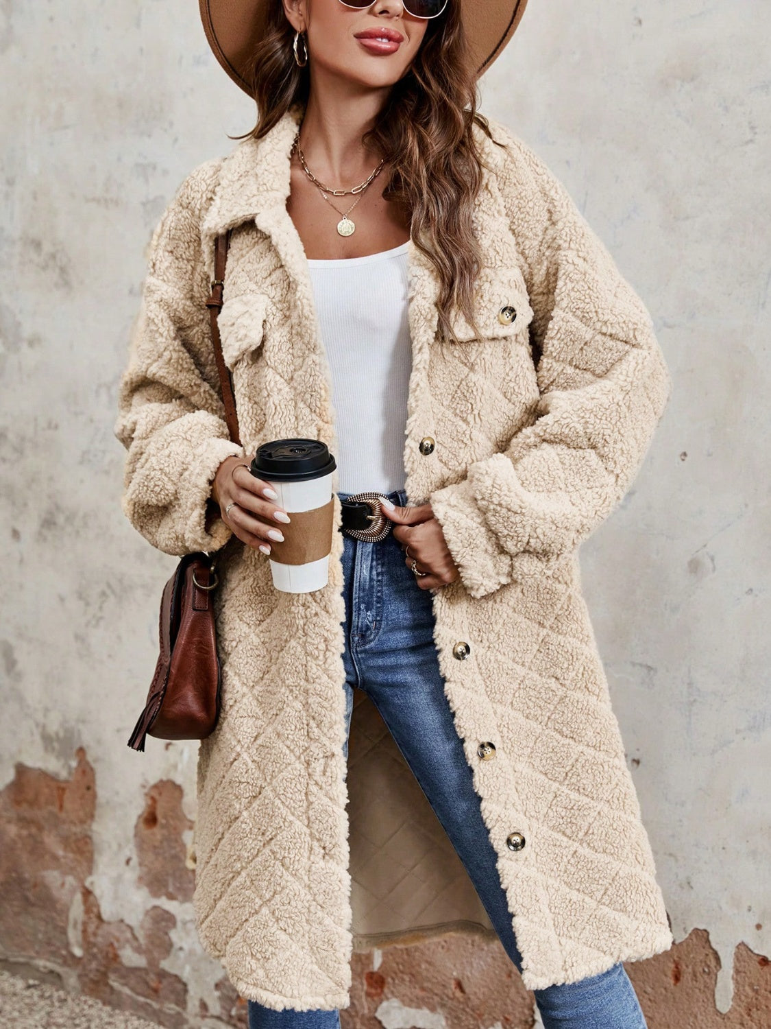 Fuzzy Button Up Dropped Shoulder Long Sleeve Coat - Sydney So Sweet